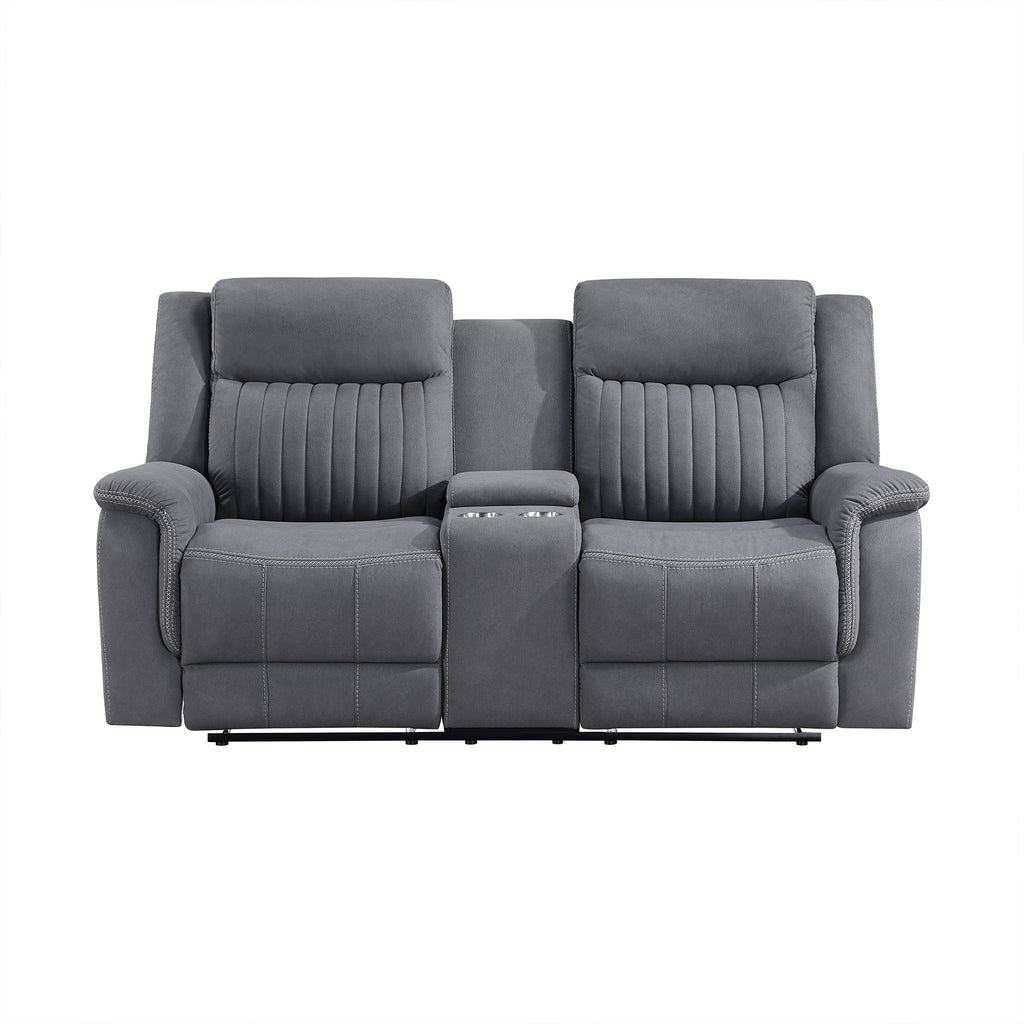 Polished Microfiber Double Reclining Loveseat with Console