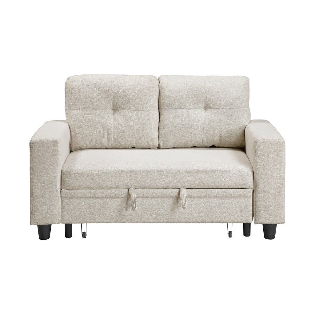 Boucle Fabric Loveseat with Pull-out Bed and shelves