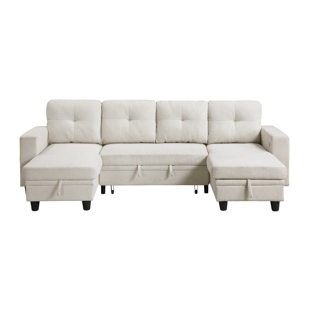 Boucle Fabric Sectional with Two Chaise and Shelves