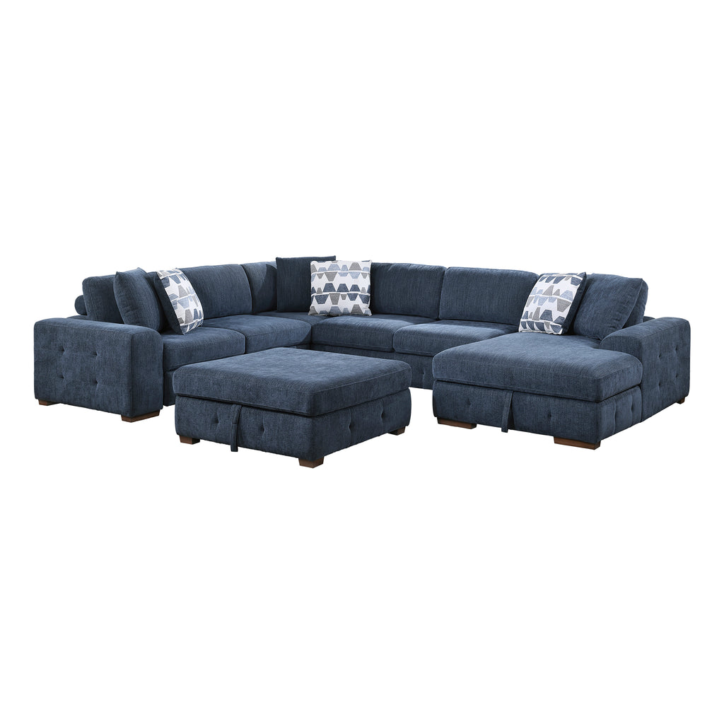 Chenille Fabric 5-Piece Sectional with Right Chaise and Storage Ottoman