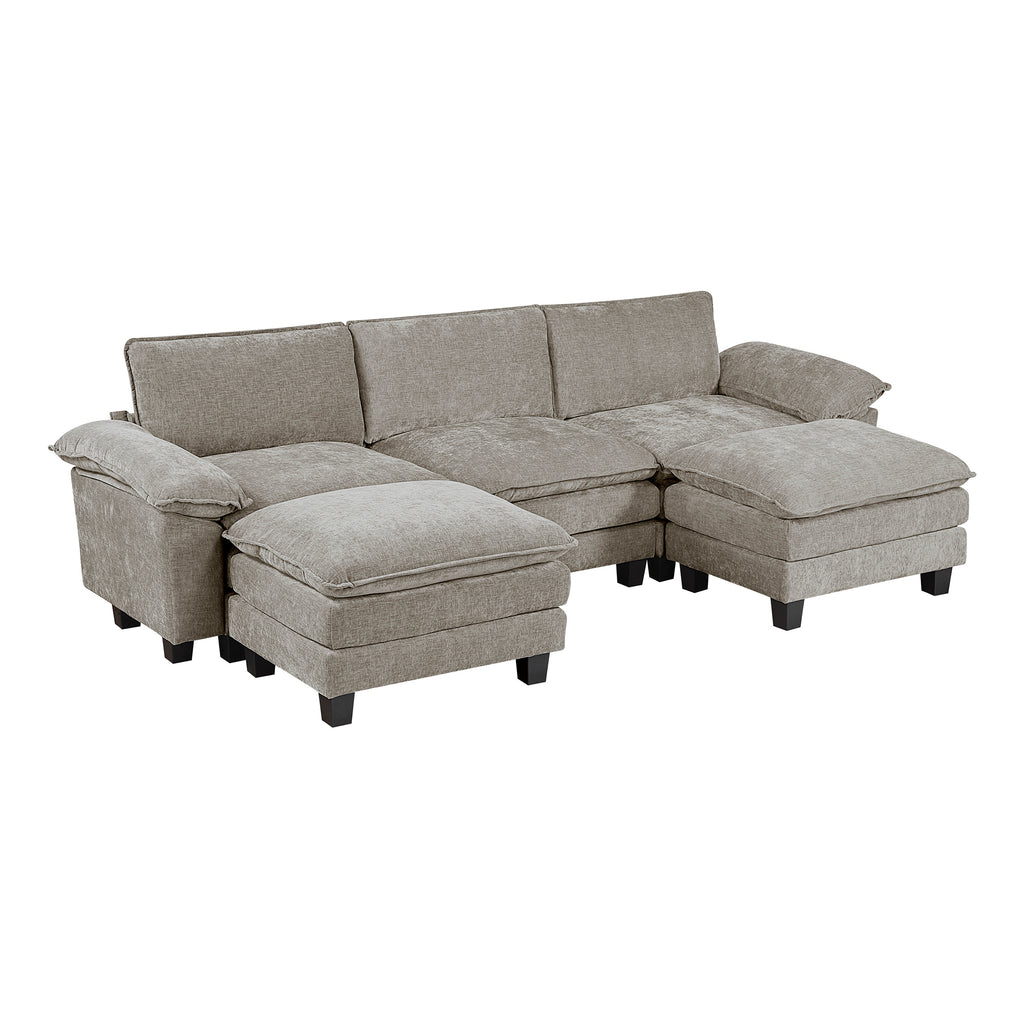 Chenille Fabric 5-Piece Modular Sectional with Two Ottomans