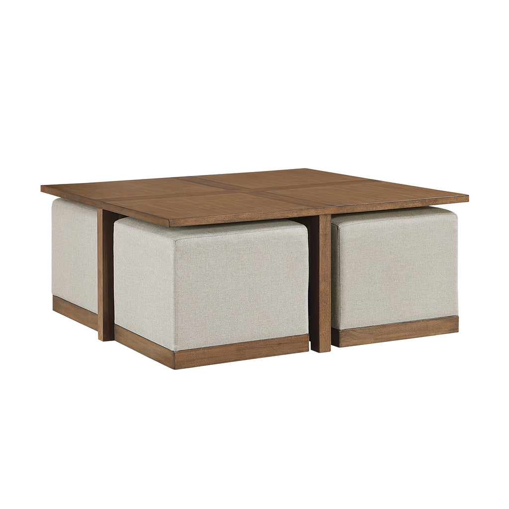 Wood Cocktail Table with 4 Textured Fabric Stools