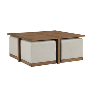 Wood Cocktail Table with 4 Textured Fabric Stools