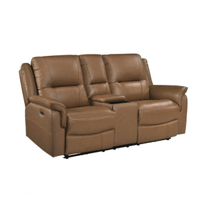 Leather Match Power Double Reclining Loveseat with Center Console, Cup Holders and Charging Ports