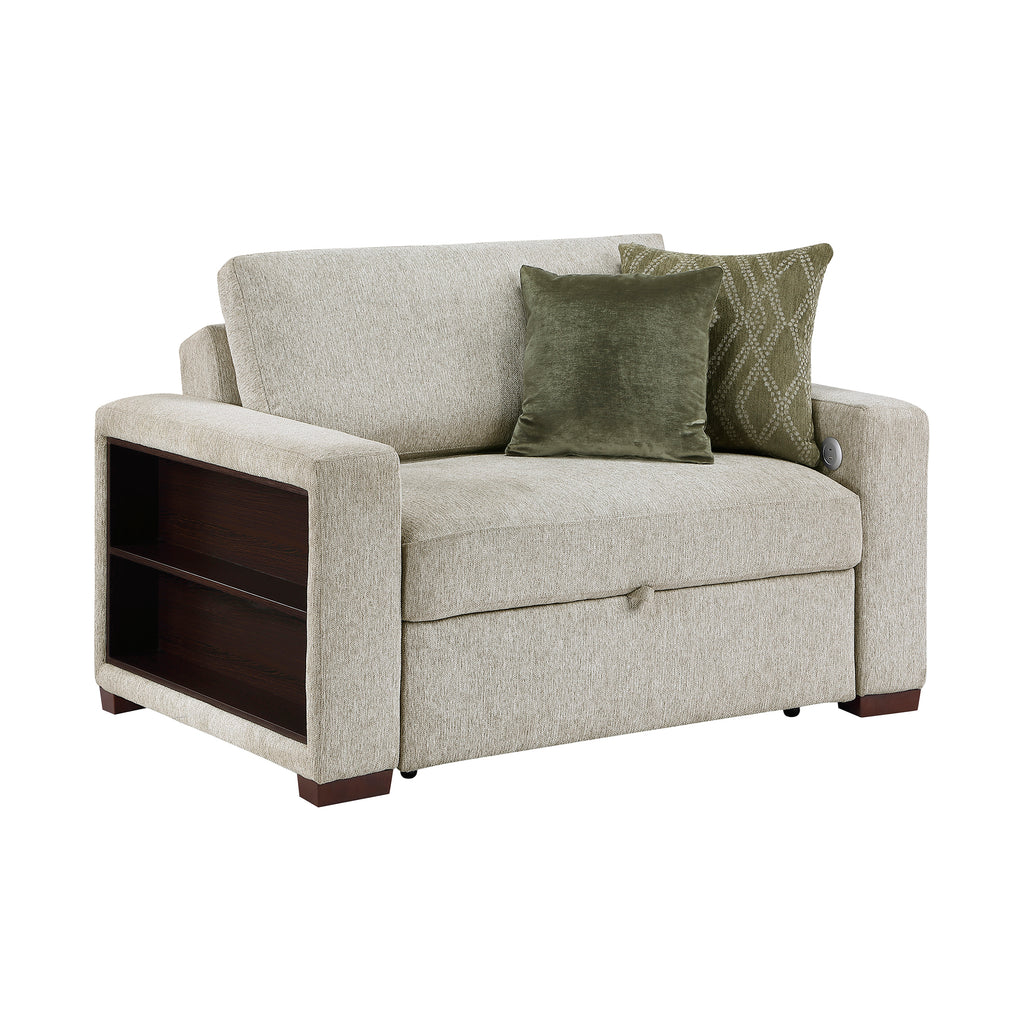 Textured Microfiber Convertible Chair and Half with Pull-out Bed, Click Motion Back, Two Arms with Shelves and Charging Ports