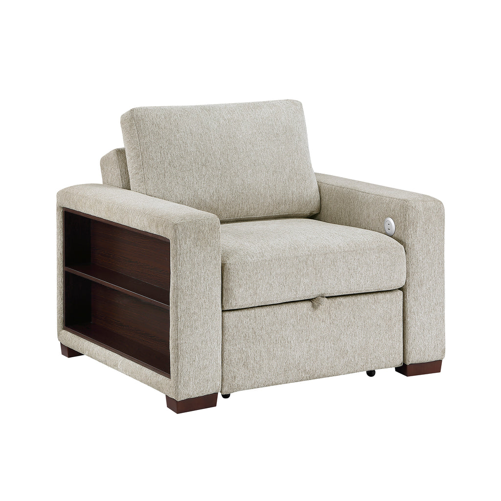 Textured Microfiber Convertible Chair with Pull-out Bed, Click Motion Back, Two Arms with Shelves and Charging Ports