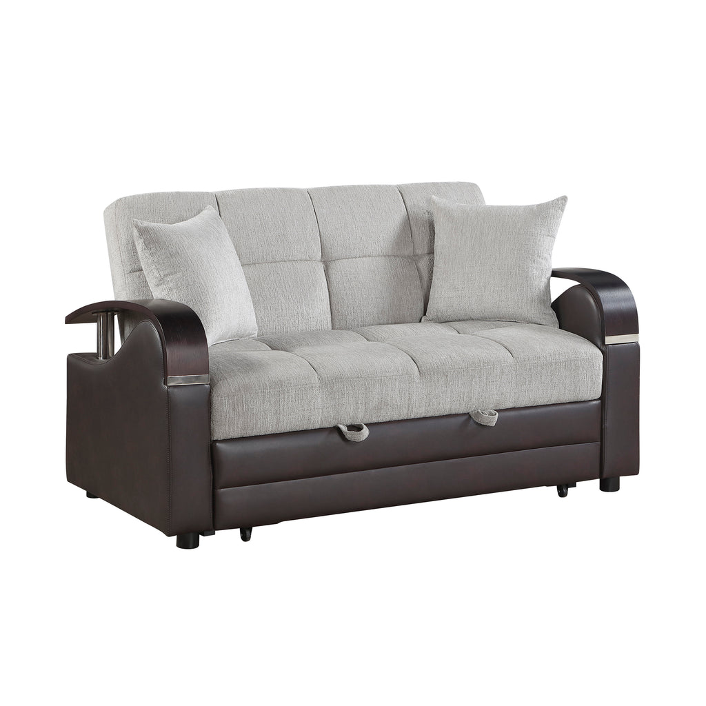 Chenille and Breathable Faux Leather Loveseat with Pull-out Bed and Click Motion Back