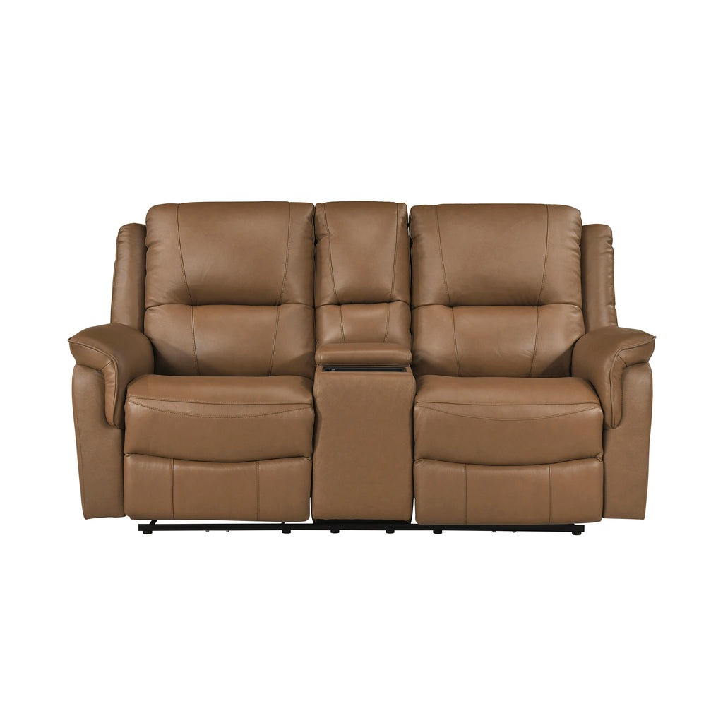 Leather Match Power Double Reclining Loveseat with Center Console, Cup Holders and Charging Ports