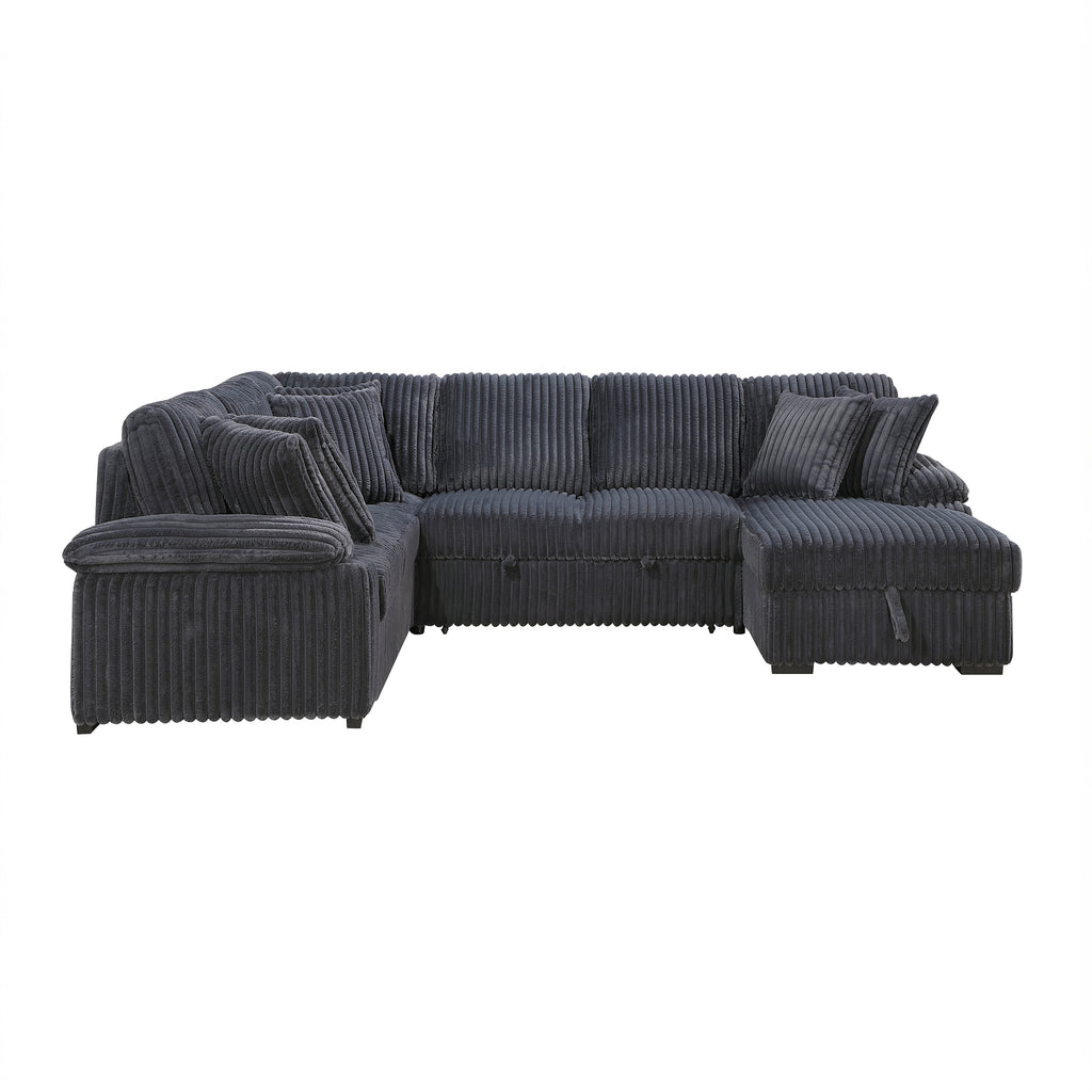 Corduroy 3-Piece Sectional with Pull-out Bed, Right Side Chaise and Hidden Storage