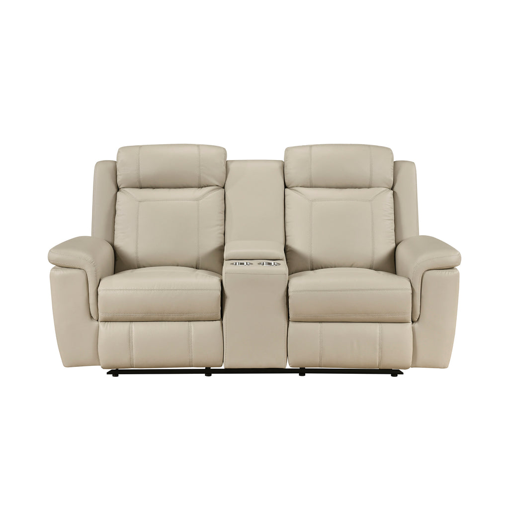 Leather Match Manual Double Reclining Loveseat with Center Console and Receptacles